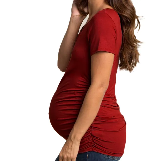 Summer Womens Maternity Clothing Classic Side Ruched Tops O-Neck Solid Color Pregnancy Clothes Top Soft Comfortable Blouse Shirt