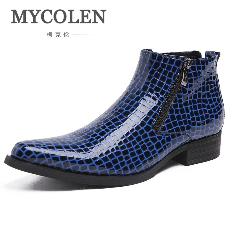 

MYCOLEN Spring And Autumn Men Shoes Black Pointed Toe Luxury Genuine Leather Formal Male Ankle Boots Blue Bota Masculina