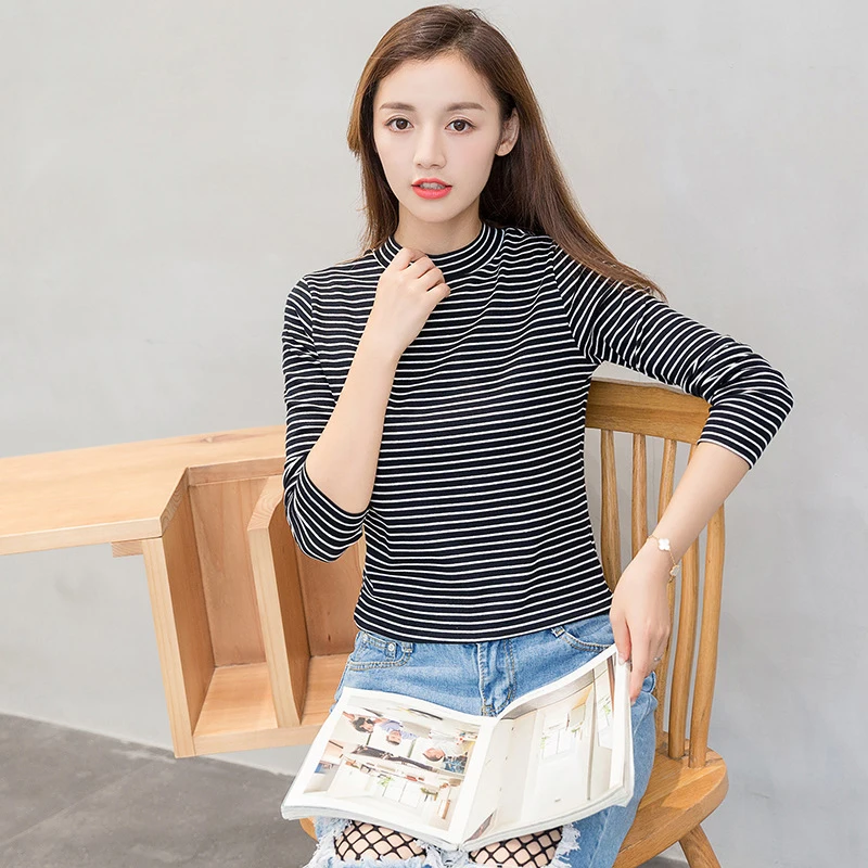 Blusas Femme Camisas Femininas Manga Longa 2017 Korean Fashion Knitted Cotton Turtleneck Striped Blouse Long Sleeve