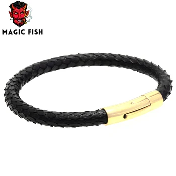 

Magic Fish Bracelets bangles Genuine python leather Gold Clasp gold 316L Titanium Steel buckle Charm jewelry man ketting anklet