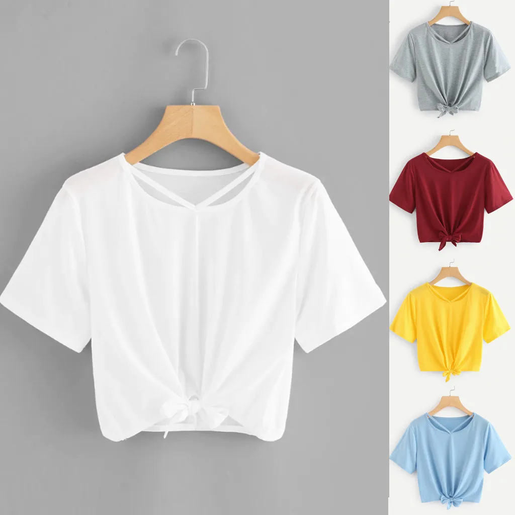 

daily t shirt Bandage bow Women Casual Solid Short Sleeve Hollow Out korean summer Tops kawaii streetwear poleras mujer#sw