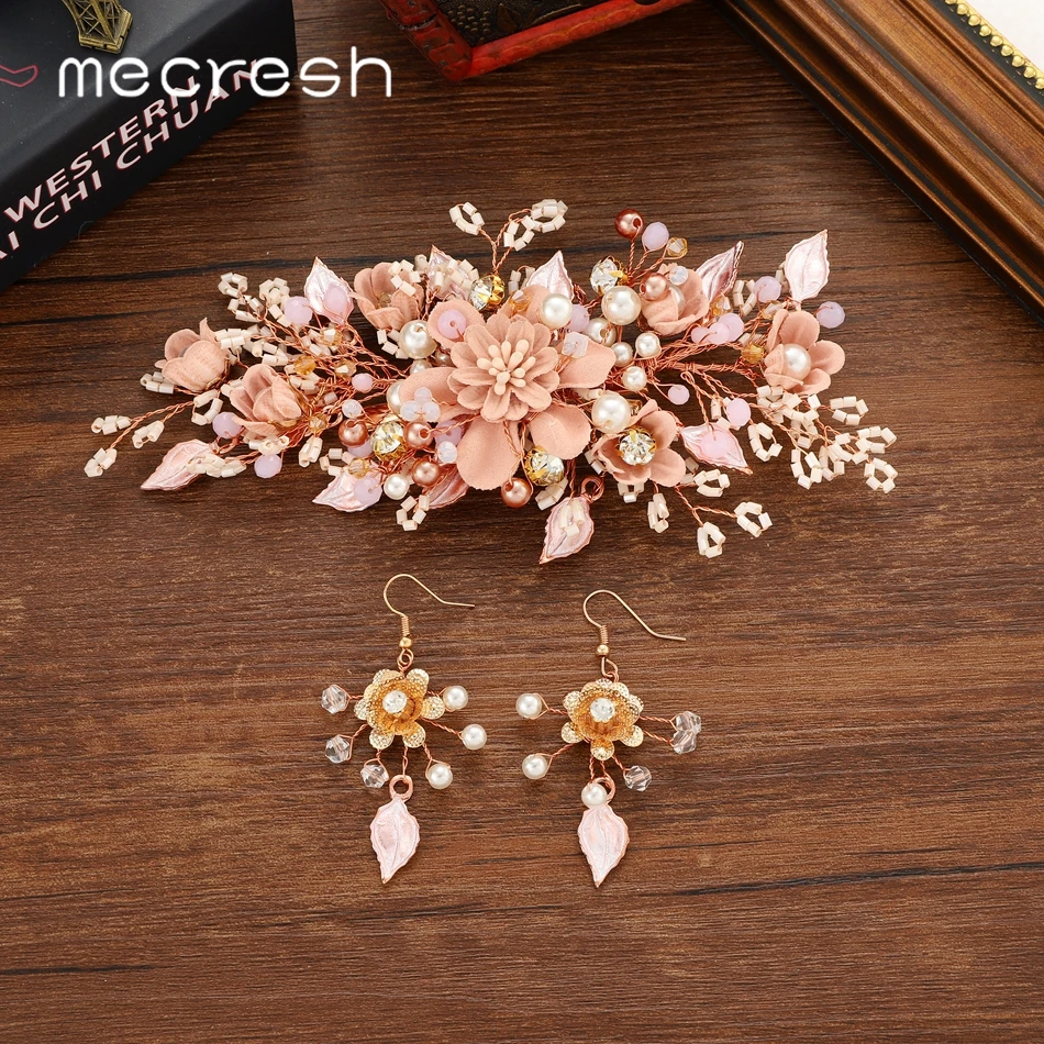 

Mecresh Pink Flower Rhinestone Bridal Hair Comb Wedding Hair Accessories Lovely Handmade Hair Comb Earrings Set for Women FS187