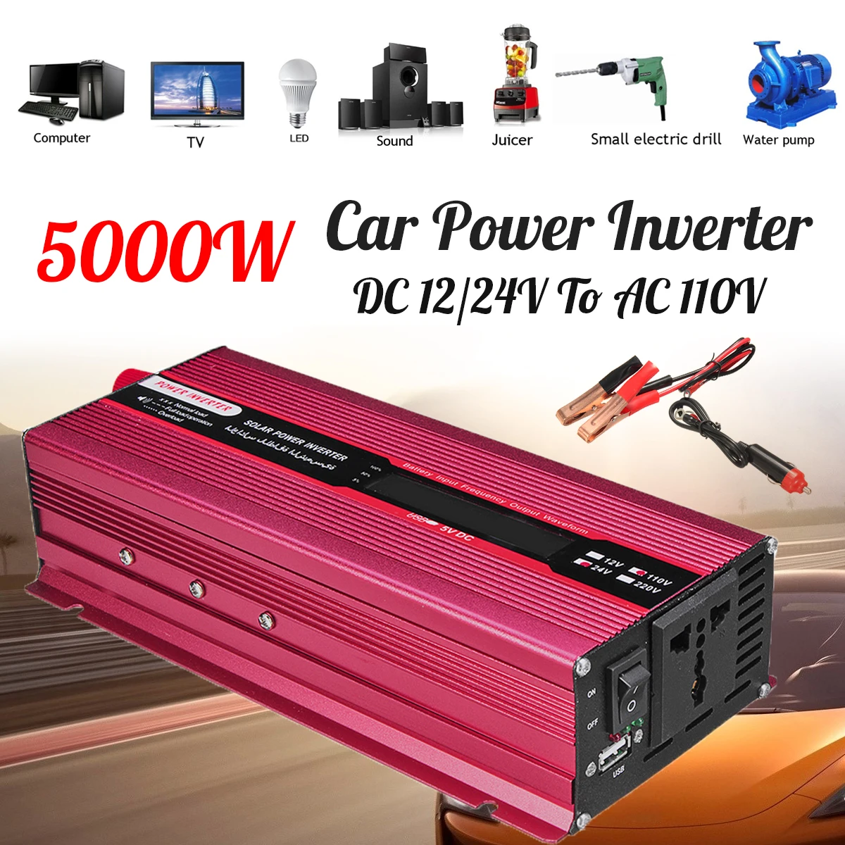 

Car Power Inverter USB Modified Sine Wave PEAK 5000W 12/24V To AC 220/110V Converter Transformer Voltage Display Efficiency