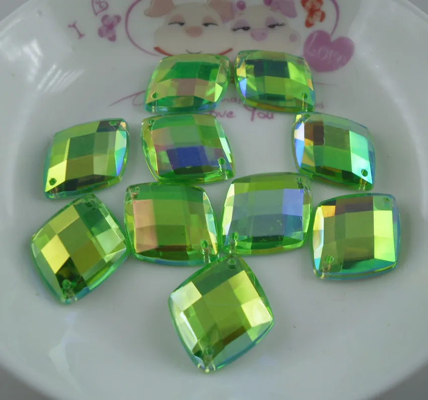 

bottom 2 hole acrylic crystal rhombus 18x22mm faceted green AB resin silver flat back rhinestone applique handmade sew 10pcs