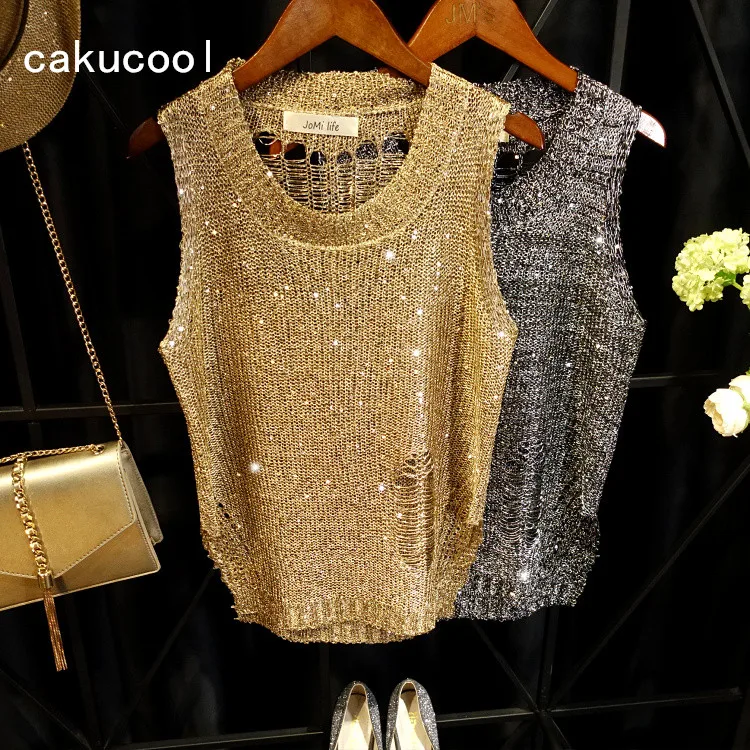 Лидер продаж блестящий Вязаный топ с люрексом Cakucool золотые майки блестками