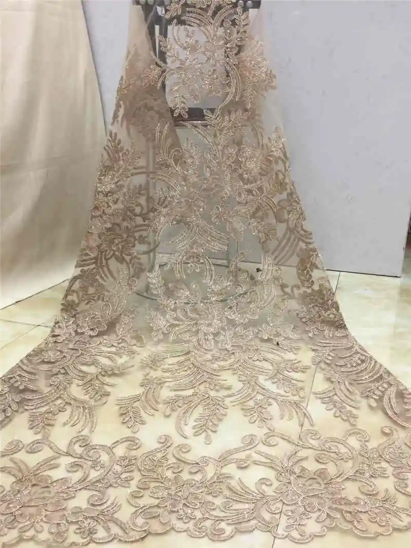 

2019Amazing sequins lace fabric Nigerian Gold fabric high quality african tulle lace Sequins fabric for Wedding Dresses NX685v