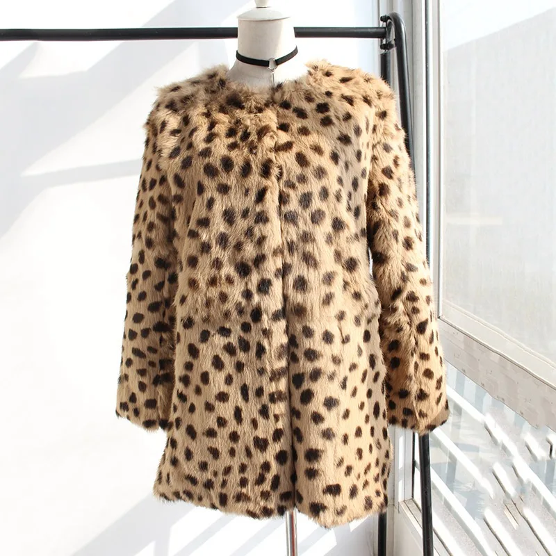 natural rabbit fur coat long sleeve leopard color (1)