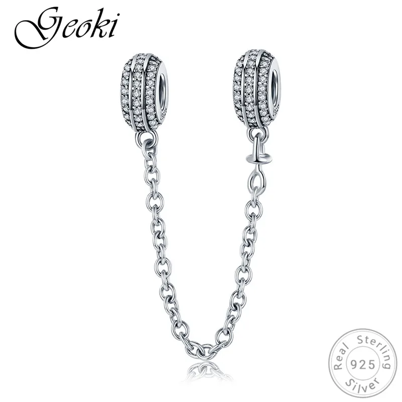 

Geoki 925 Sterling Silver Round Micro White Cubic Zirconia Paved Beads Safety Chain fit Original Pandora Bracelet Stopper Charm
