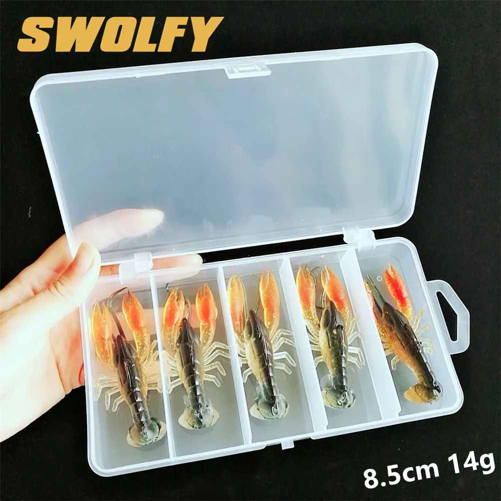 

Swolfy 5pcs 8.5cm 14g soft lure Prawn for sea trout bass fishing baits shrimp lures fishing tackle with box