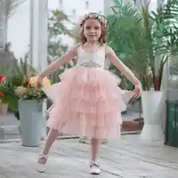 Retail Summer Princess Dress for Girls Adjustable Straps Mid Calf Tulle Wedding Party Dress Children Clothes E15176