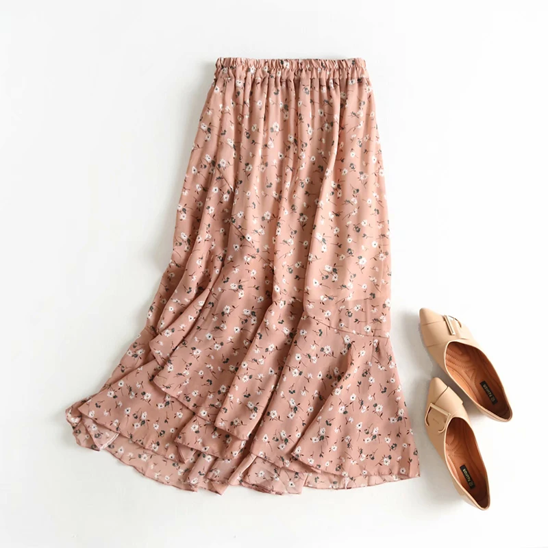 Милая Асимметричная Бежевая длинная юбка для девочек женская летняя розовая юбка с цветочным принтом и оборками Женская высокая эластичная юбка Феи ZA
