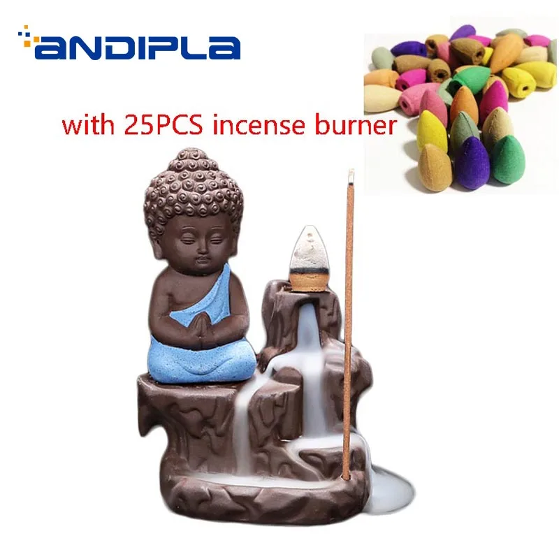 

25PCS Incense+1PCS Ceramic Blue Buddha Censer Kit Vintage Fragrant Stick Backflow Incense Burner Sent Friend Office Decoration