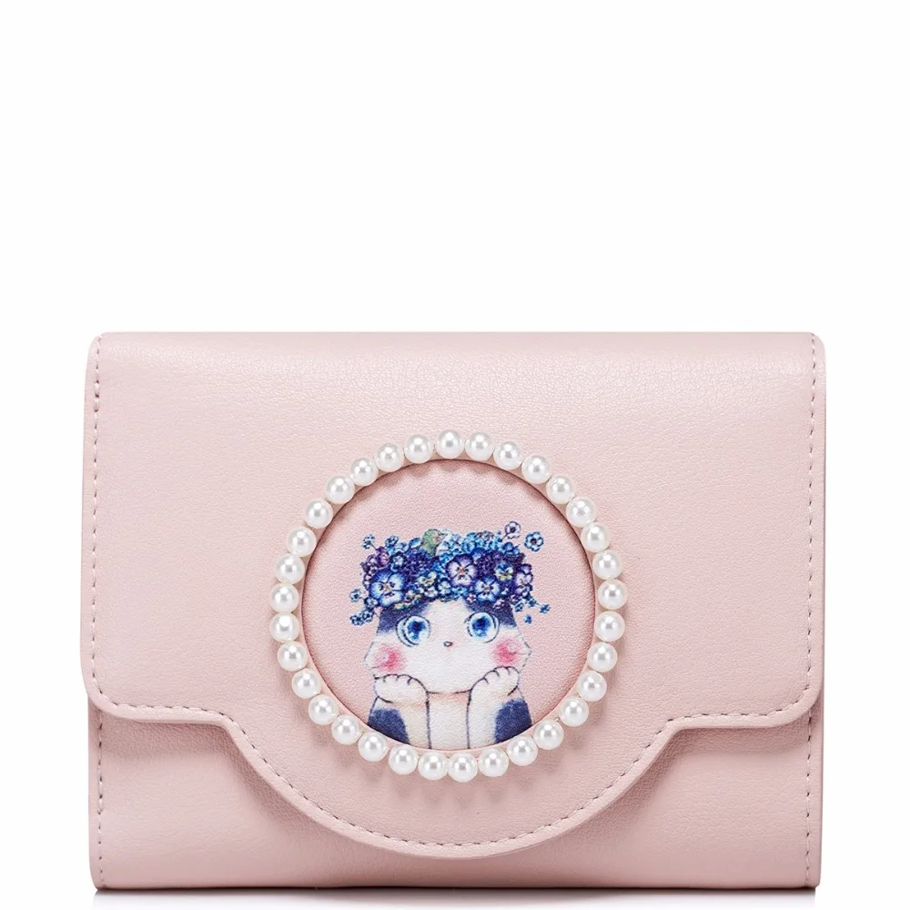 2017 Yeni Geldi Moda Kedi Prenses Inciler PU Kadın Deri Kızlar Bayanlar Küçük Kısa Cüzdan Kartları Tutucu Coin Purse Kavramalar