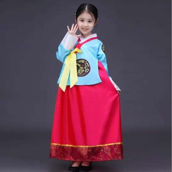 Бесплатная доставка традиционной корейской Костюмы детей сцене с длинным рукавом Формальные Корея платье танцевальный костюм Одежда для