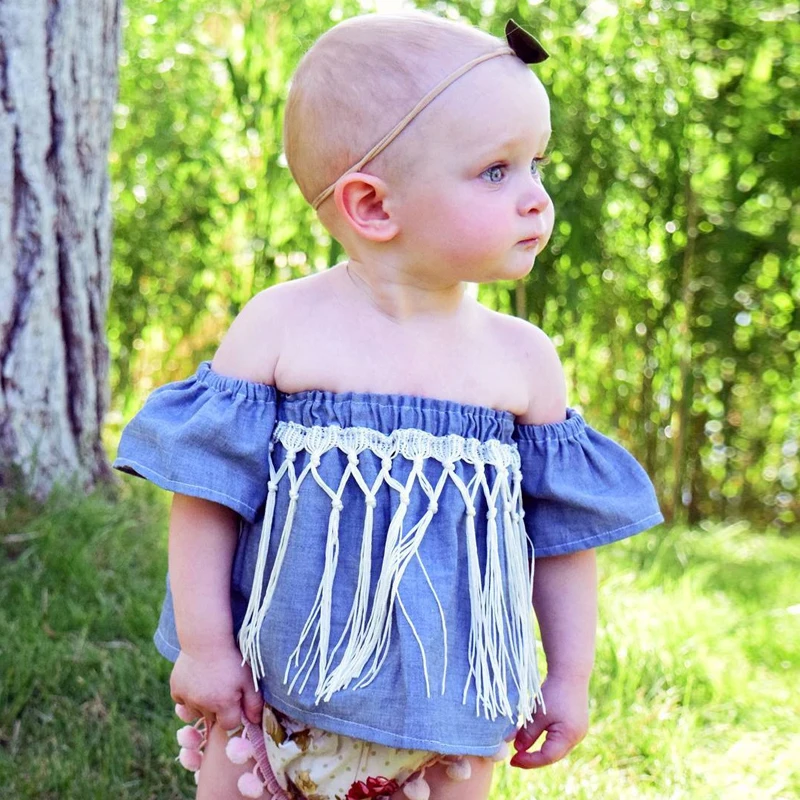 2018 Toddler Baby Summer Clothing Kid Girls Denim Off Shoudler Tassel