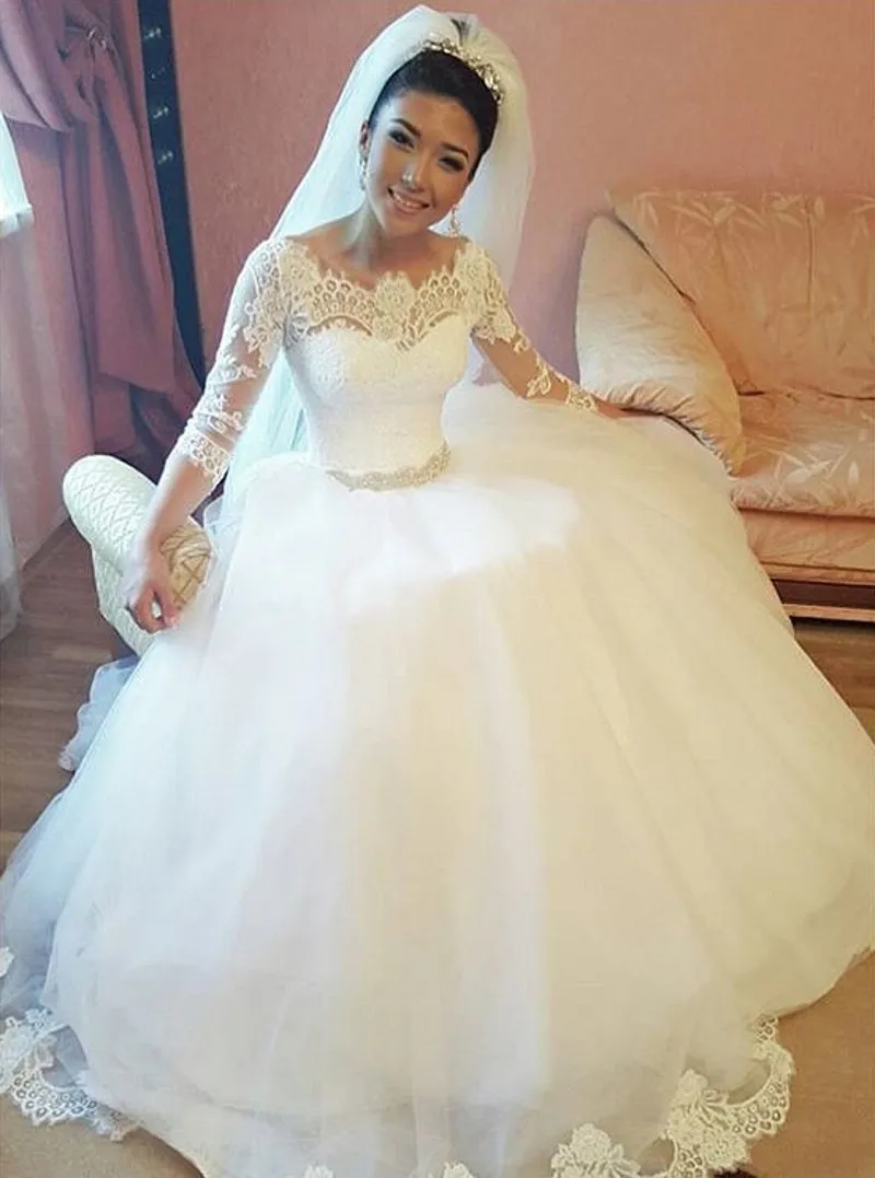 Кружева Лодка Шеи Три Четверти Рукава Тюль Vestido Де Noivas Принцесса 2016 Свадебные
