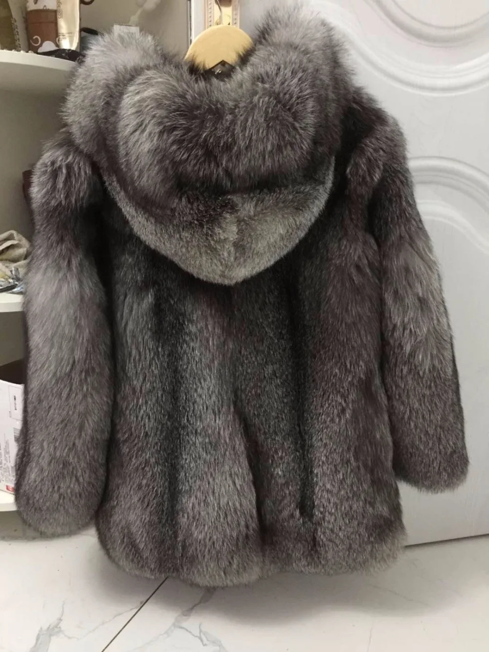 Чернобурка натуральный мех толстый Женский Средний осень зима теплое пальто полный рукав и капюшон лиса меховая куртка
