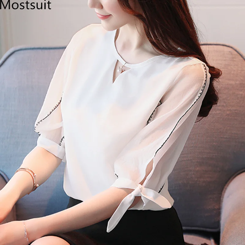 

Black White Summer Chiffon Blouses Femme Women Plus Size 3/4 Sleeve O-neck Bow Elegant Ol Style Korean Tops Blusas Mujer 2019
