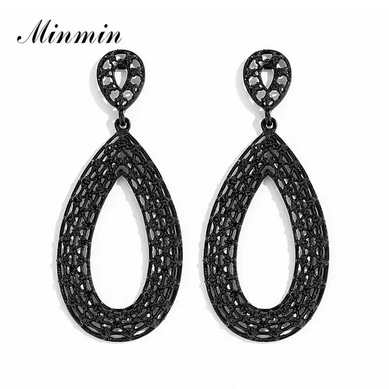 

Minmin Vintage Black Big Circle Mesh Long Drop Earrings 3 Colors Women Luxury Crystal Bridal Wedding Fashion Jewelry 2019 EH1450
