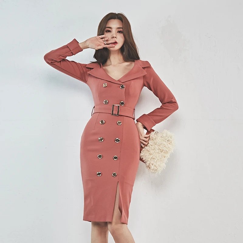 

Elegant Women Midi OL Office Notched Collar Dress 2019 Spring Ladies Double-Breasted Split Sexy Slim Pencil Dress With Belt