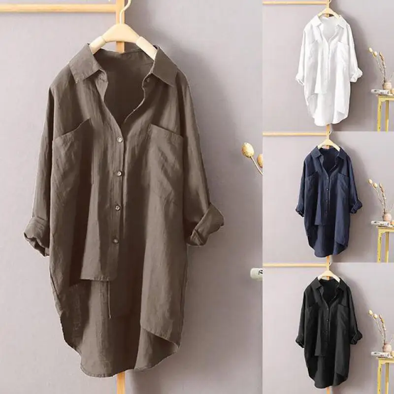 Women Long Blouse Cotton Linen Casual Shirts New Arrival 2019 Autumn Double Pocket Women Blouses Plus Size Blouses For Women Women Long Blouse Cotton Linen Casual Shirts New Arrival 2019 Autumn Double Pocket Women Blouses Plus Size Blouses For Women