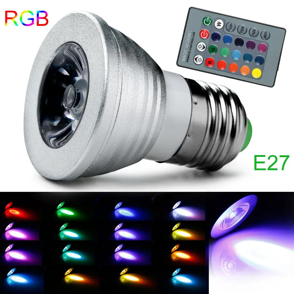 Newest Energy Saving E27 3W RGB LED Light Bulb Lamp Spotlight RGB 16 Color Change +24Keys Remote Controller 85-265V
