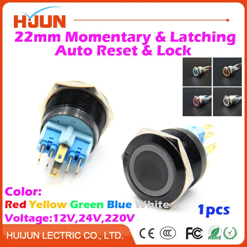 

1pcs 22mm Waterproof Momentary Latching Black Oxidation Flat Stainless Steel Metal Push Button Switch LED Light Auto Reset Lock