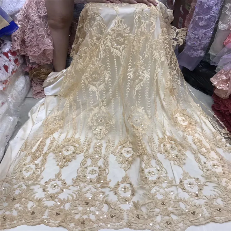 Африканская кружевная ткань высокого качества Золотая французская кружевная ткань с блестками 3D Цветочная вышивка из кружевной ткани для свадьбы F1178