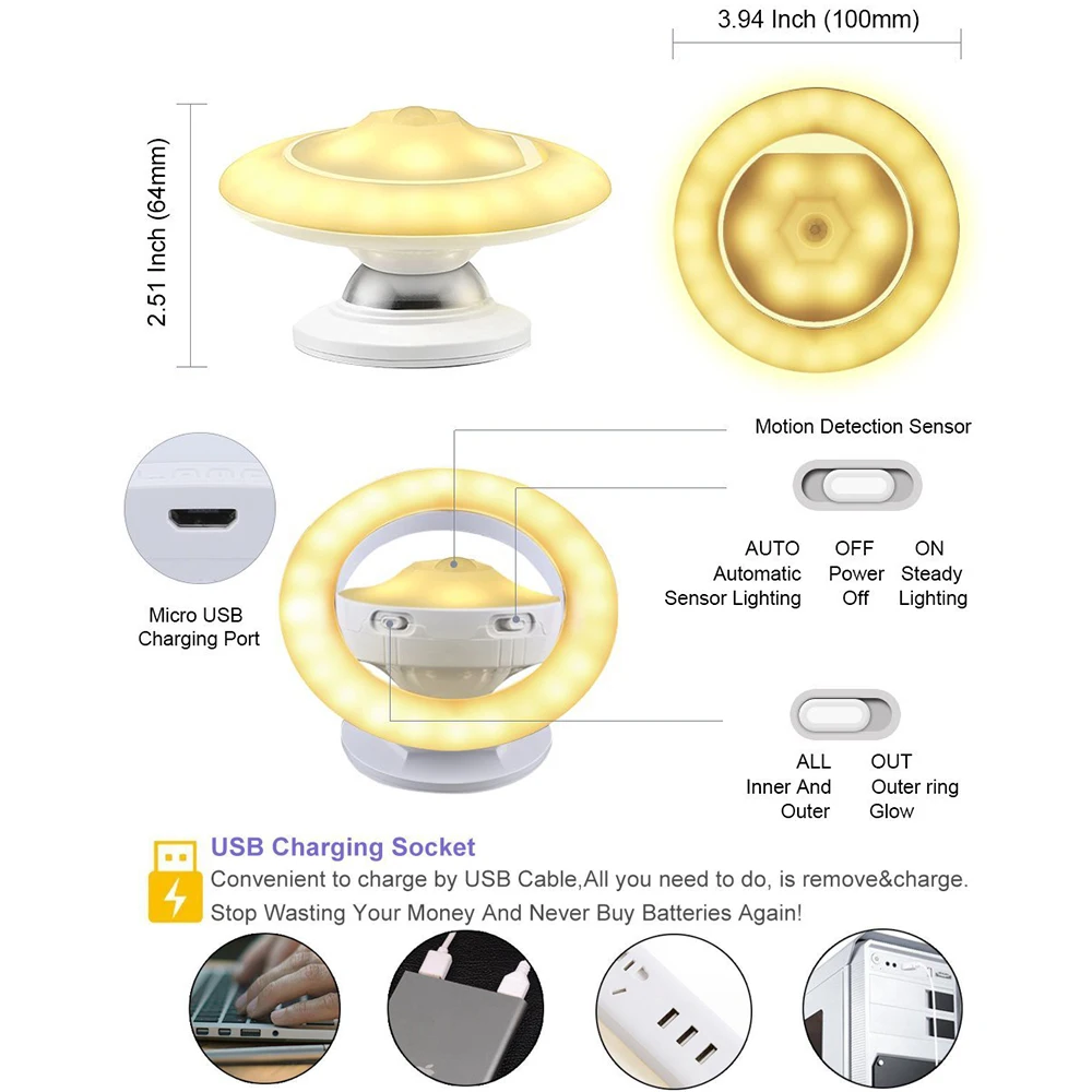 UFO 360 градусов вращающийся USB Ночной свет датчик движения внутри человеческого