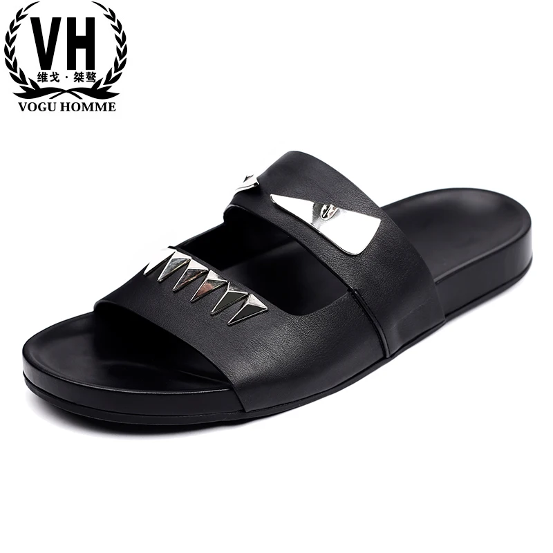 

2017 summer new word drag a small monster leather cool slippers men's fashion shoes