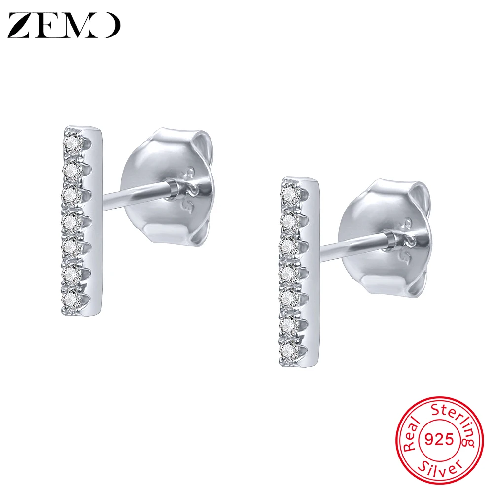 

ZEMO Real 925 Sterling Silver Flat Bar Stud Earrings For Women Small Clear Zircon Birthstone Double Studs Jewelry joyas de mujer