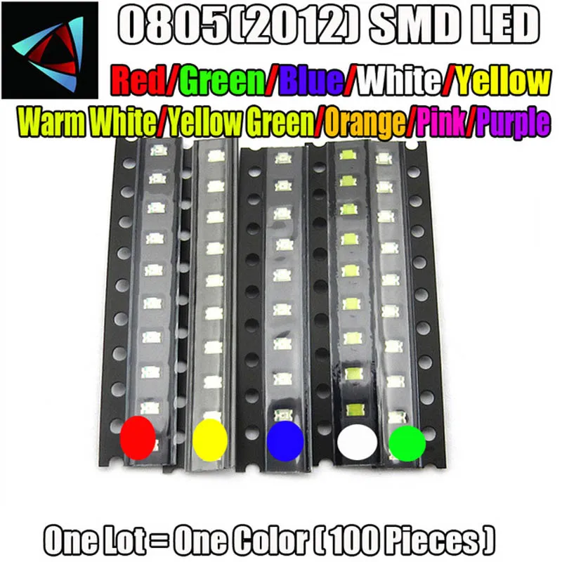 

100pcs SMD 0805 (2012) LED White Red Green Yellow Blue Warm Pink Purple Orange RGB COLD Light Emitting Diode SMT Assorted Kit