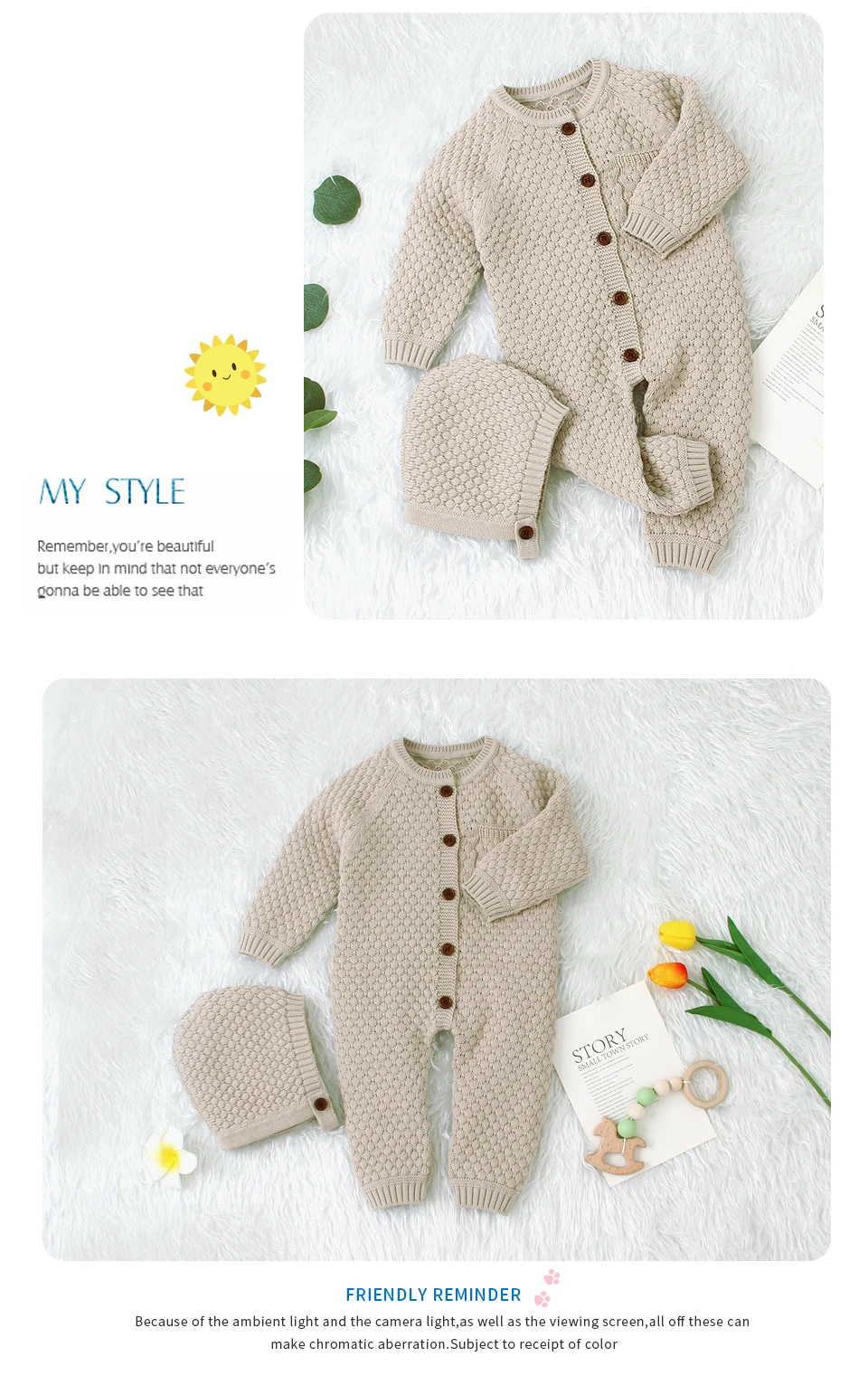 Baby Unisex Clothes Long Sleeve Rompers+ Hats for Newborn Boys Girls Outfits 2pcs Toddler Kids One Piece Jumpsuit 0-18M Sweater