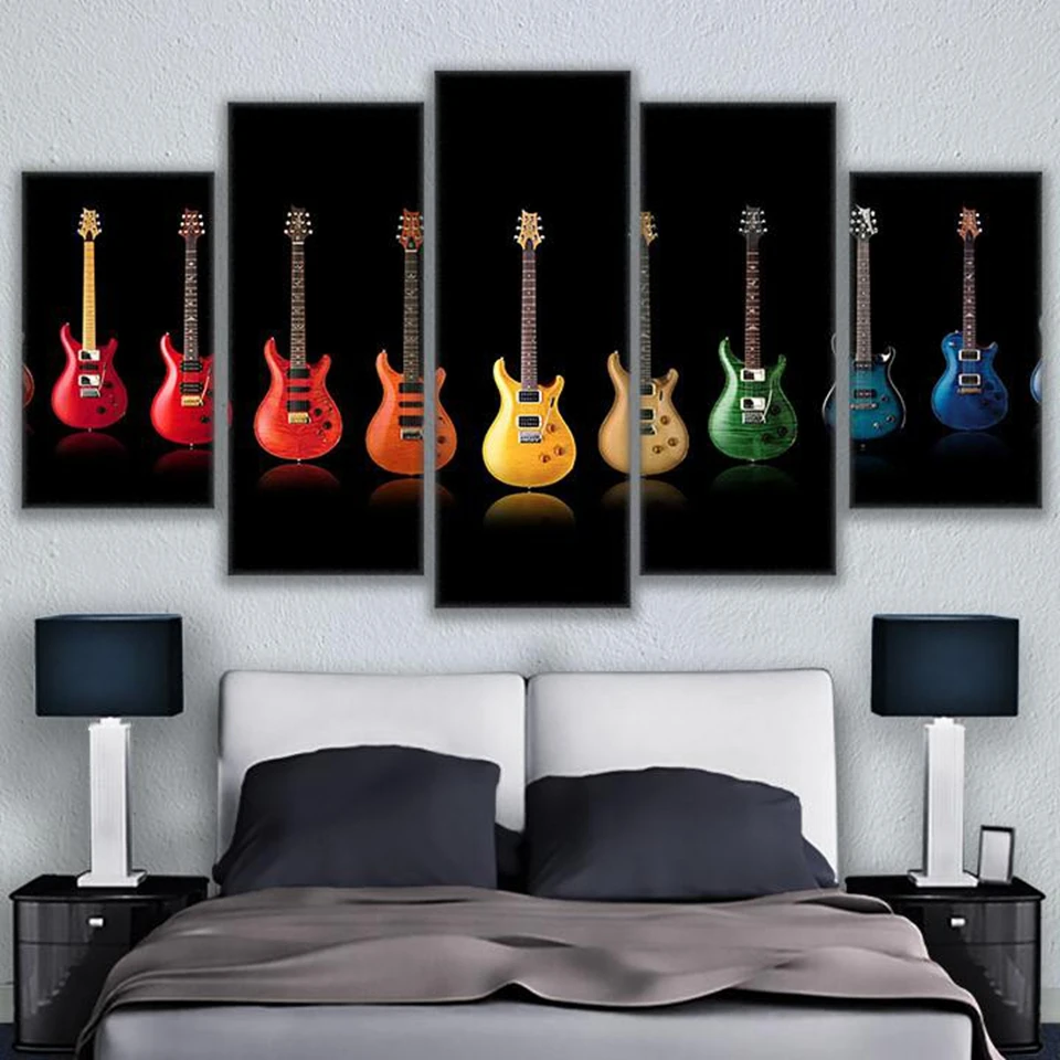 5 Pcs/Set Framed HD Printed Colorful Rock And Roll Guitar Wall Design
