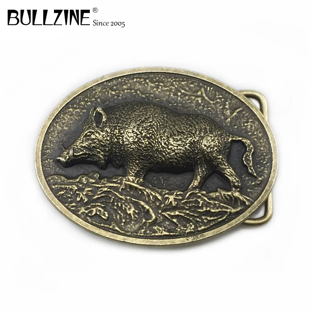 

Bullzine wild boar wild pig belt buckle with antique brass finish FP-03570 suitable for 4cm width snap on belt