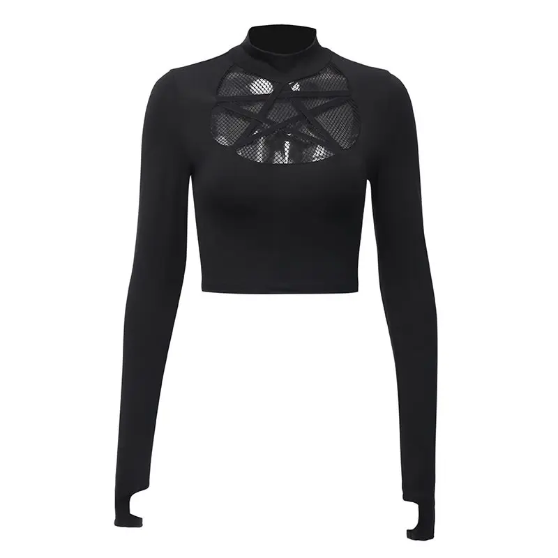 

Summer Sexy Club Punk Gothic Black Harajuku Women T-Shirts Slim Plain Hollow Mesh Female Chic Goth Fashion 2019 tshirt Top Tees