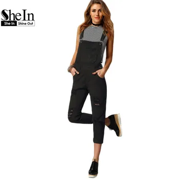 SheIn Women Jumpsuit Denim Overalls 2016 Spring Autumn Black Strap Ripped Pockets Full Length Denim Jeans Jumpsuit