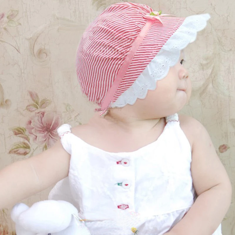 Новая модная Милая шляпа с кружевным бантом для рыбалки для маленьких девочек, полосатая летняя детская Солнцезащитная шапка унисекс