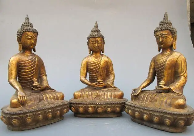 

Tibet Buddhism Temple old bronze Three Sakyamuni Buddha statue set