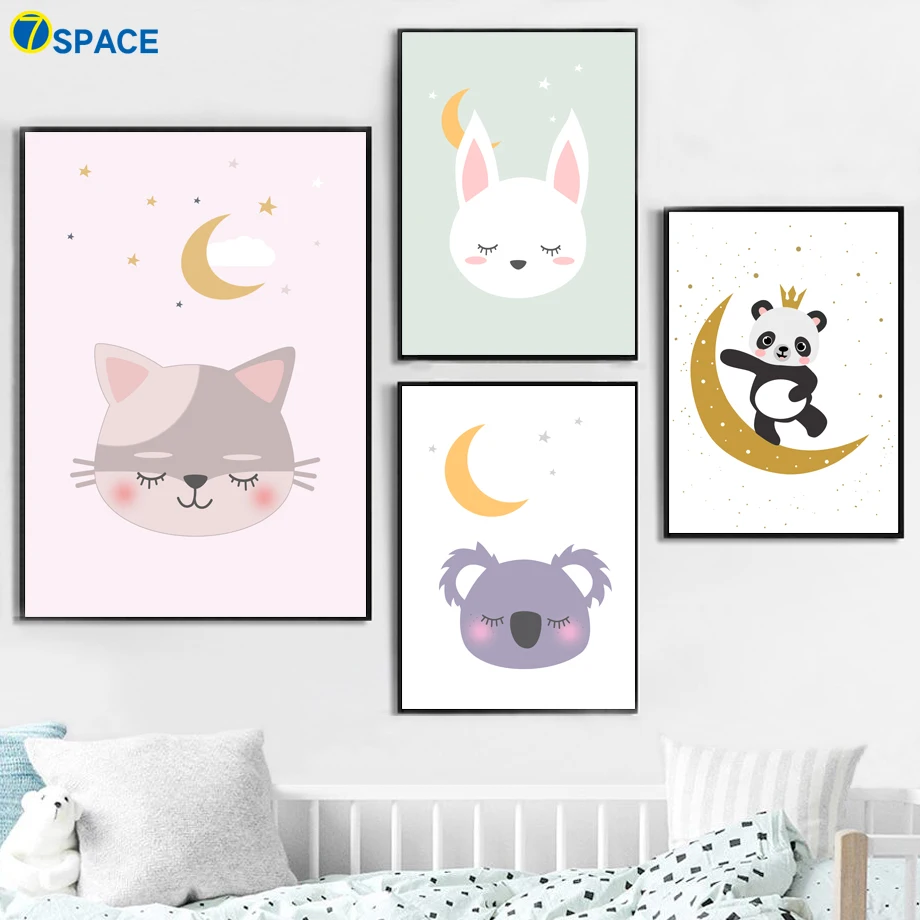 

Cartoon Rabbit Cat Panda Koala Moon Wall Art Canvas Painting Nordic Posters And Prints Canvas Art Wall Pictures Kids Room Decor