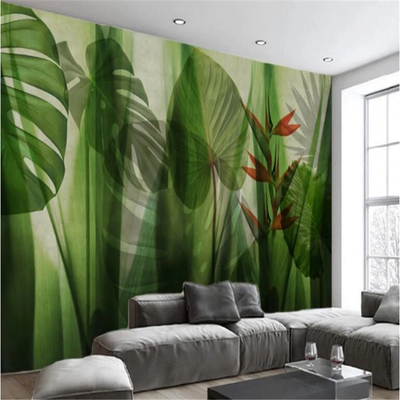 

beibehang Large Custom Wallpaper Mural European Style Retro Hand Painted Rainforest Plant Banana Leaf Panoramic Background