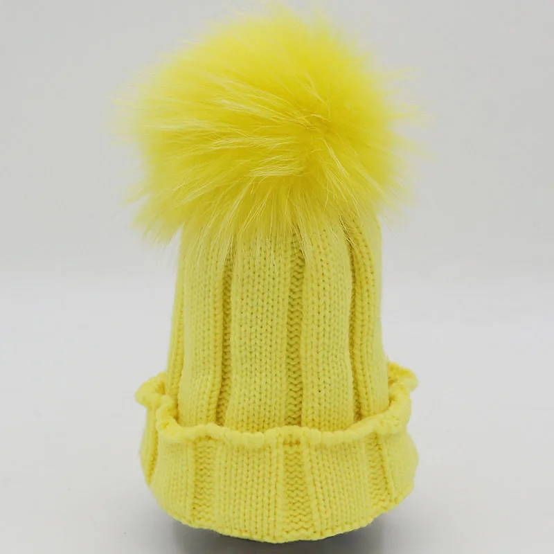 Зимние меховые шапки с помпонами, шапки с помпонами для маленьких мальчиков и девочек от 9 месяцев до 2 лет, Детские вязанные шляпы, теплые модные шапки Gorros Skullies - Цвет: yellow