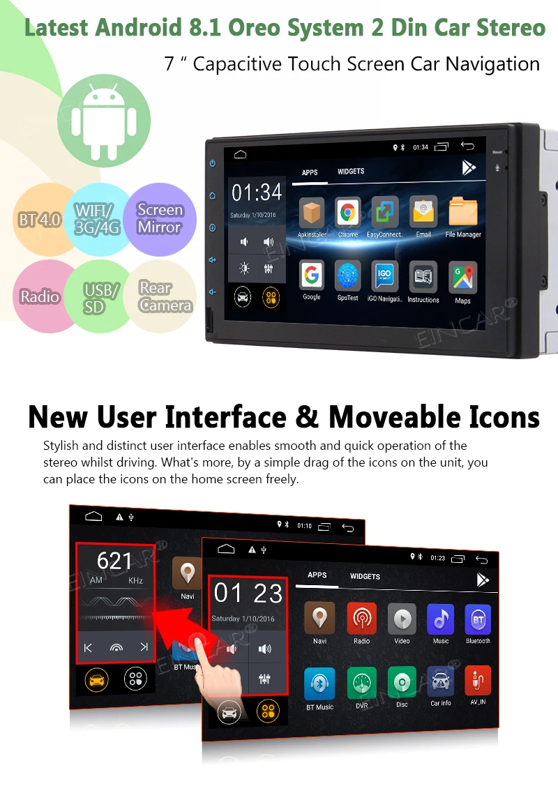 Discount 7" Android 8.1 Quad Core Car Stereo Double 2 Din Head Unit GPS Navigation No-DVD Player Auto Radio Capacitive Touch Screen Wifi 1