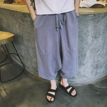 Новинка года, Мужская одежда, мужские летние льняные штаны с большим шаговым швом, модные Лоскутные льняные широкие штаны, повседневные свободные Капри, костюмы певицы