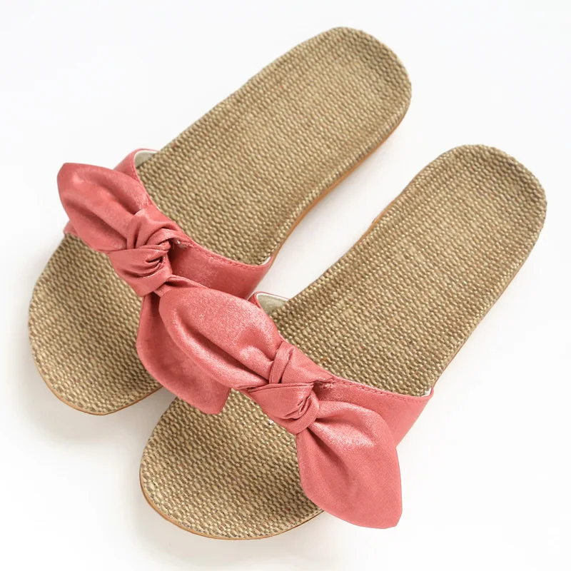 

Home Slippers Woman Spring Summer Indoor Flat Shoes Bow Tie Design Female Floor Flax Slipper Slip-On Fashion Slides SH021710