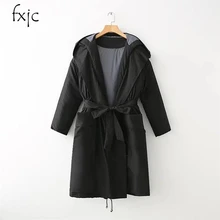 Новинка женщины негабаритных капюшоном длинный отрезок хлопка длинным поясом плотное пальто