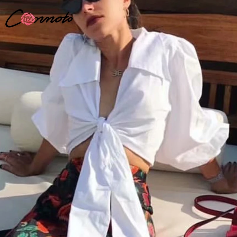  Conmoto 2019 Summer Sexy White Women Crop Tops and Blouses Casual Girl Holiday Long Sleeve Short Bl