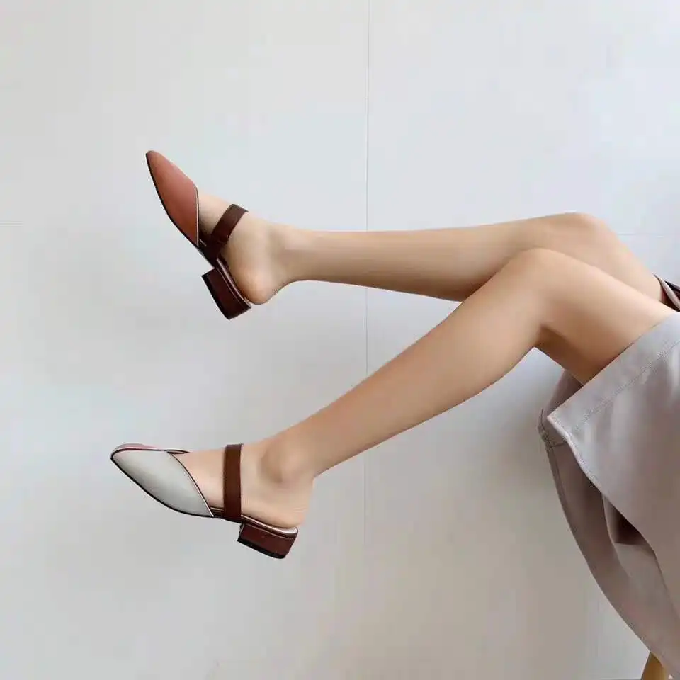 2019 New Fashion Women Slippers Soft Cow Leather Summer Square Toe Mixed Colors Low Heels Ladies Sandals Female Drees Shoes