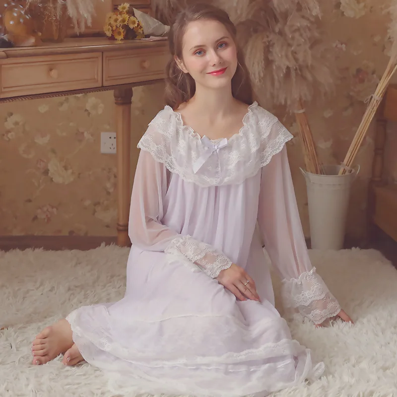 

2018 Autumn New Pink White Purple Vintage Nightgown Women Princess Sweet Mesh Retro Court Nightdress Modal Home Dress Female