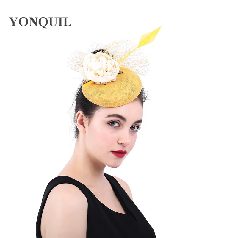 Желтый цвет Fascinators для женщин Элегантный Необычные Цветочные pillbox hat Фата женат Свадебные вечерние hat chapeau Чай Аксессуары для волос